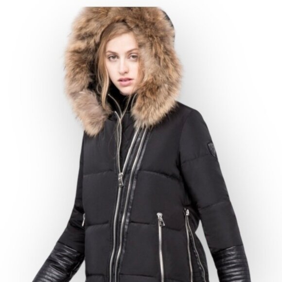 Rudsak Double Layer Black Mid-Length DOWN FUR LEATHER puffer Winter Jacket Coat - Picture 2 of 11
